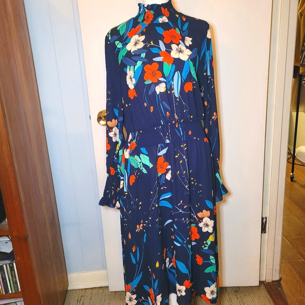 Nannette Navy Floral High-Neck Long Sleeve Maxi Dress
